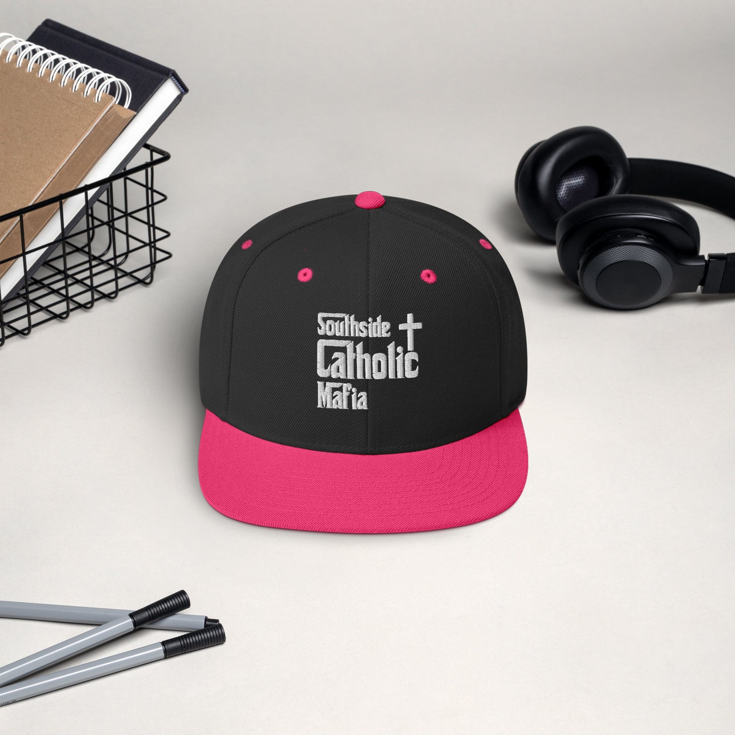 Snapback Hat: Southside Catholic Mafia (White Font) Click to explore more colors.