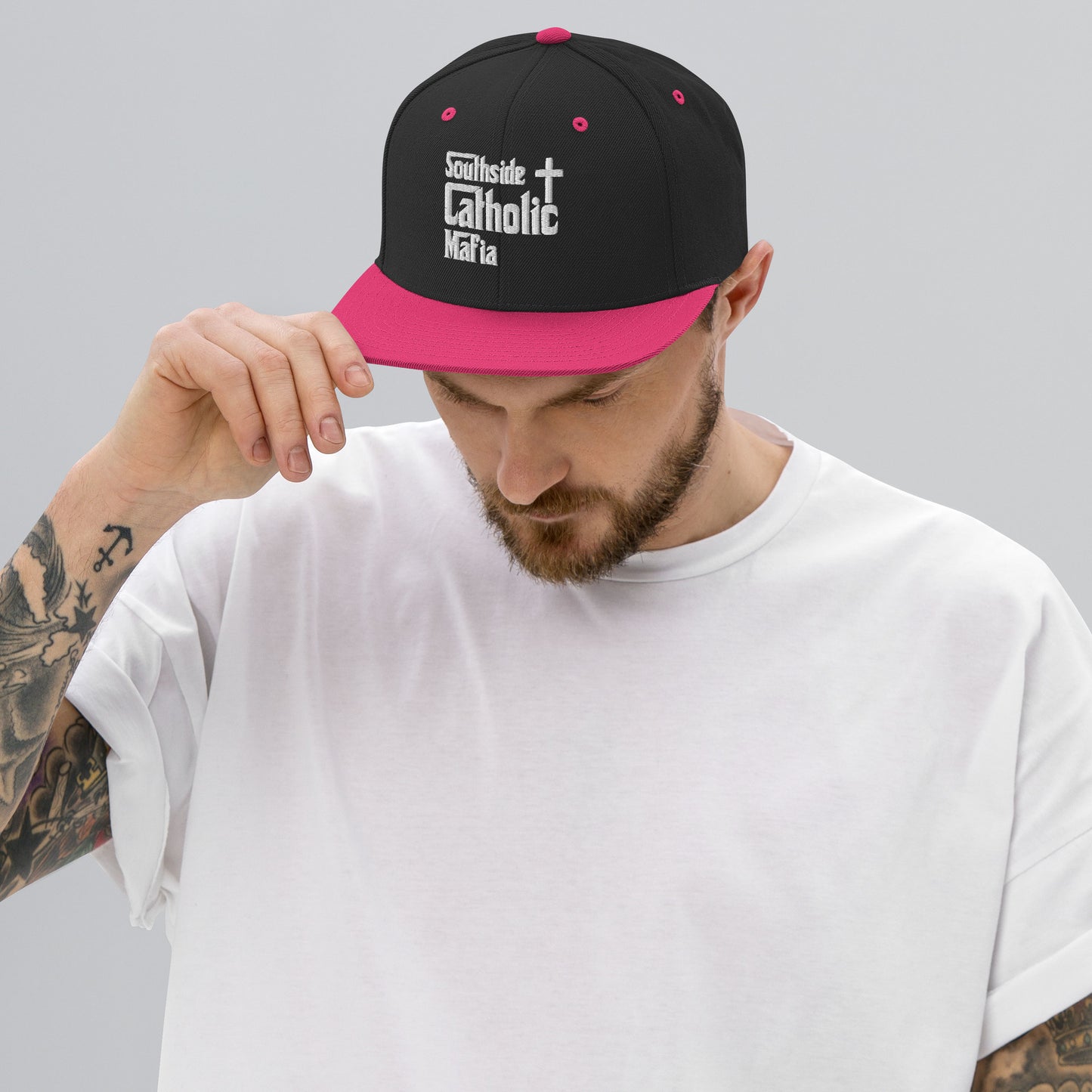 Snapback Hat: Southside Catholic Mafia (White Font) Click to explore more colors.