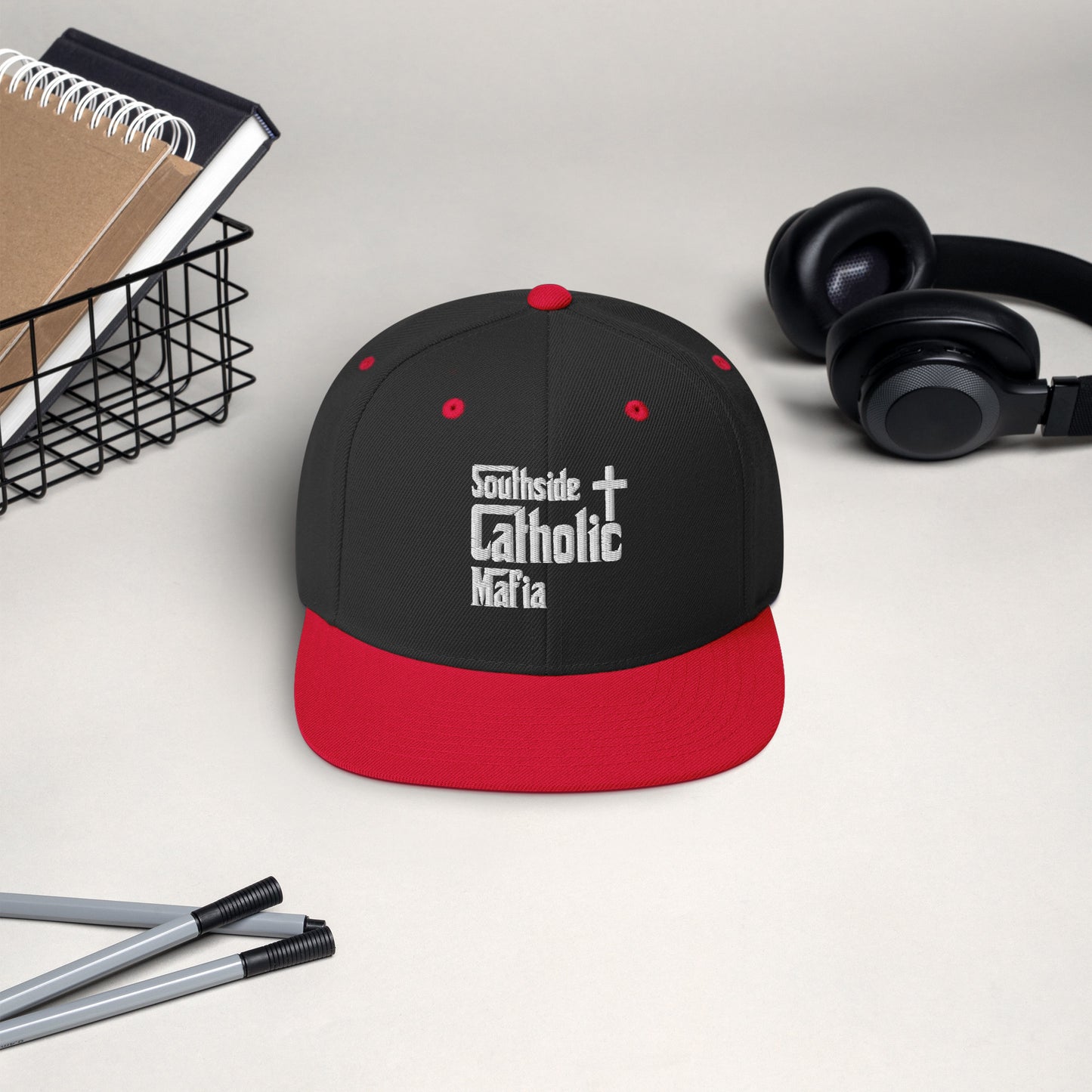 Snapback Hat: Southside Catholic Mafia (White Font) Click to explore more colors.