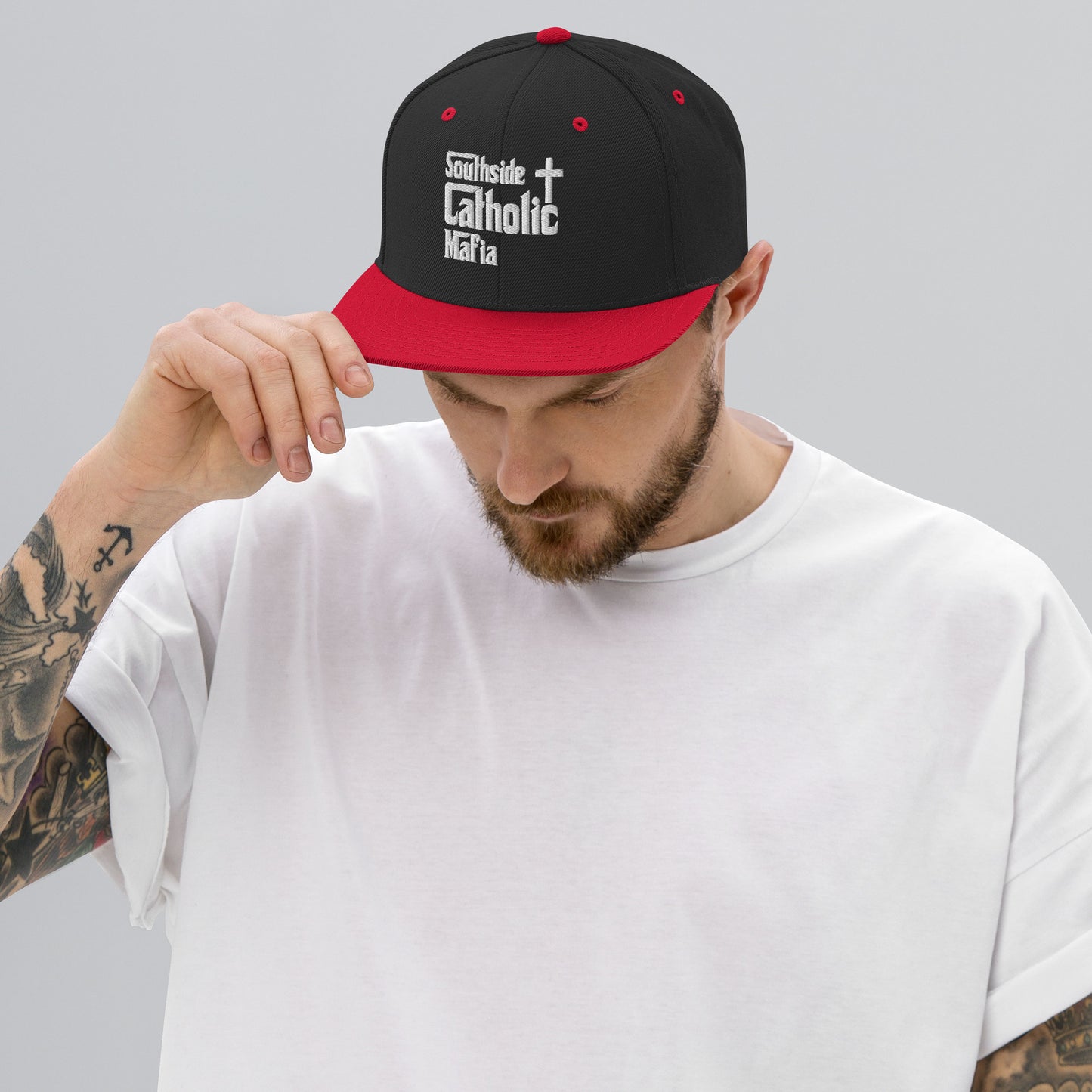 Snapback Hat: Southside Catholic Mafia (White Font) Click to explore more colors.