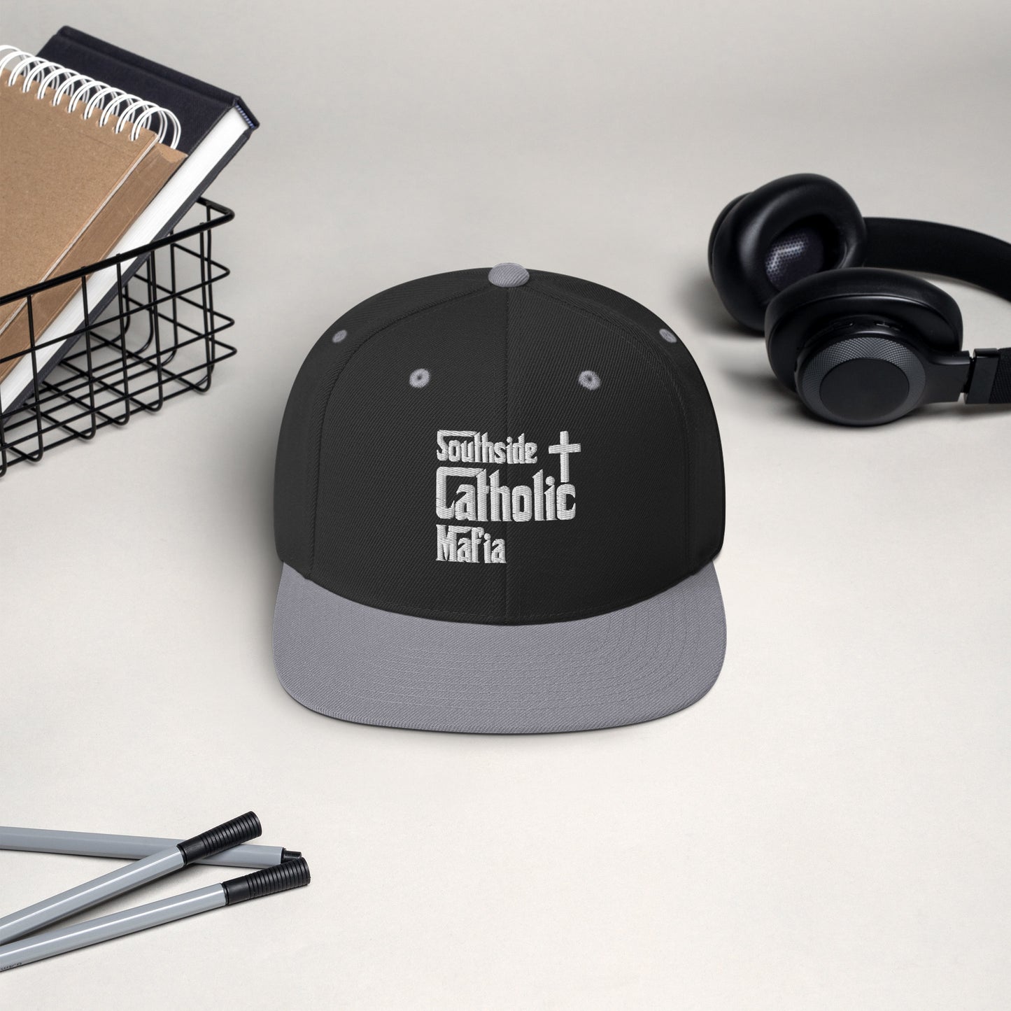 Snapback Hat: Southside Catholic Mafia (White Font) Click to explore more colors.