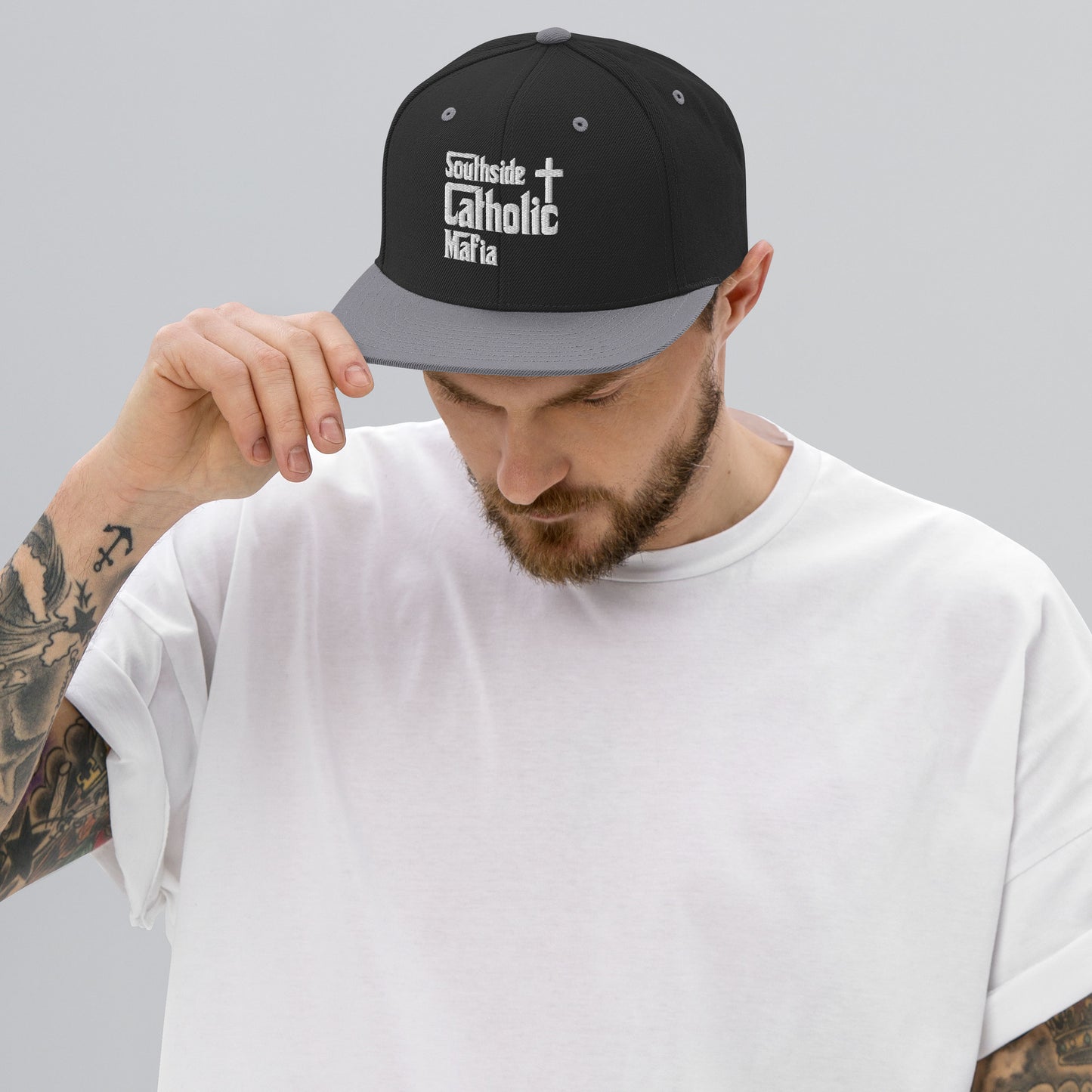 Snapback Hat: Southside Catholic Mafia (White Font) Click to explore more colors.