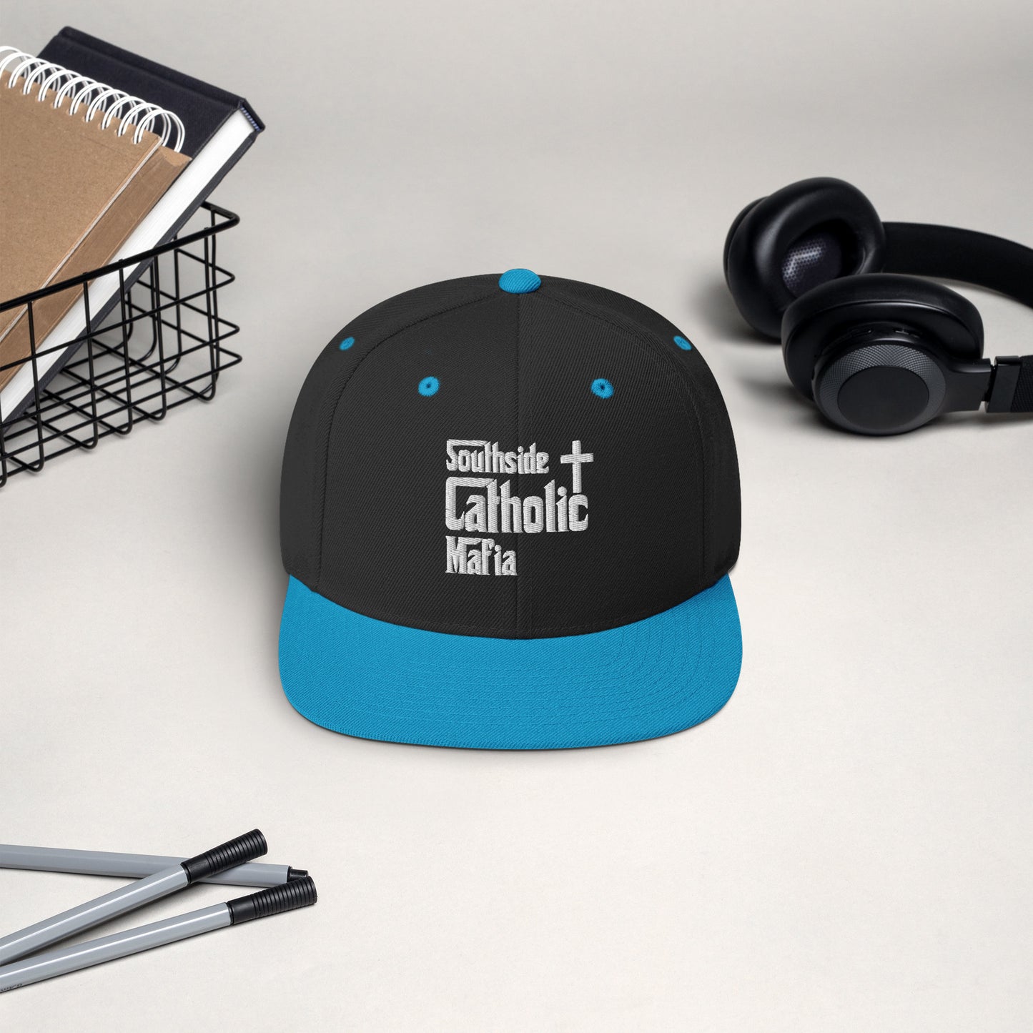 Snapback Hat: Southside Catholic Mafia (White Font) Click to explore more colors.