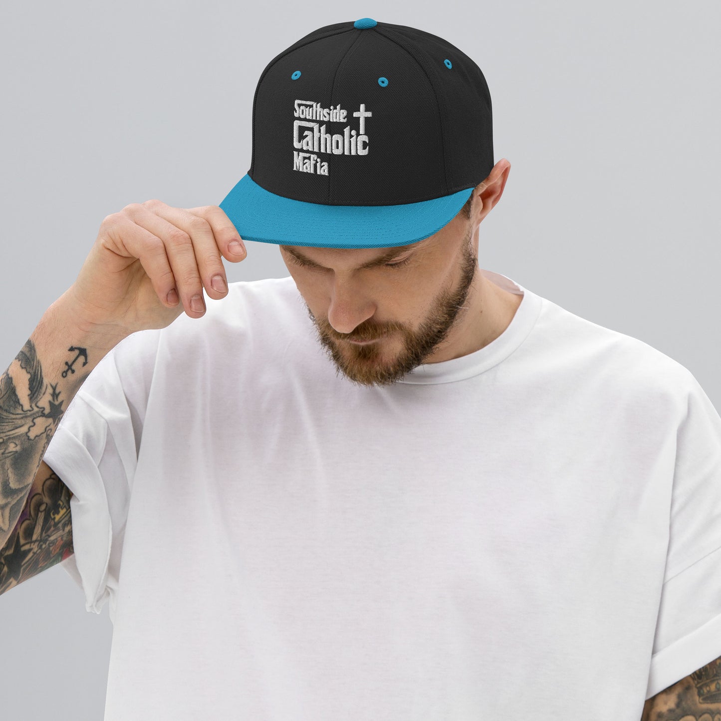 Snapback Hat: Southside Catholic Mafia (White Font) Click to explore more colors.