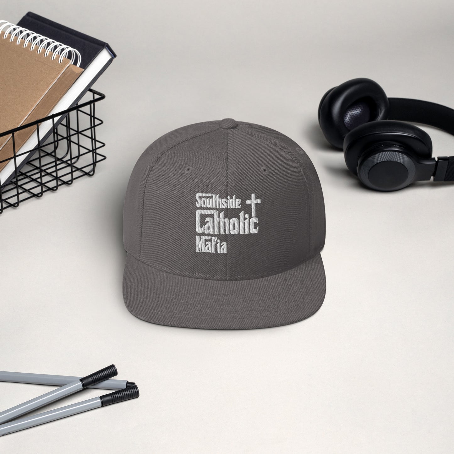 Snapback Hat: Southside Catholic Mafia (White Font) Click to explore more colors.
