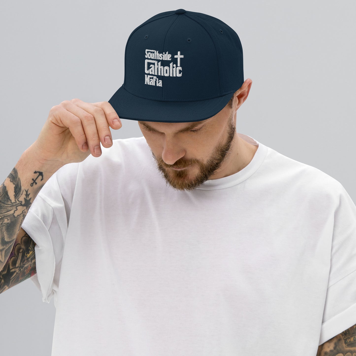 Snapback Hat: Southside Catholic Mafia (White Font) Click to explore more colors.
