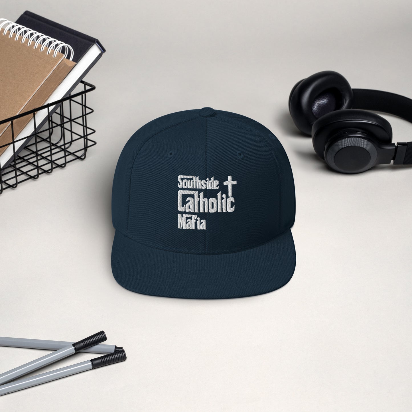 Snapback Hat: Southside Catholic Mafia (White Font) Click to explore more colors.