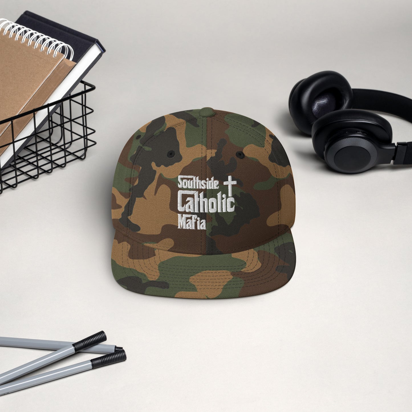 Snapback Hat: Southside Catholic Mafia (White Font) Click to explore more colors.