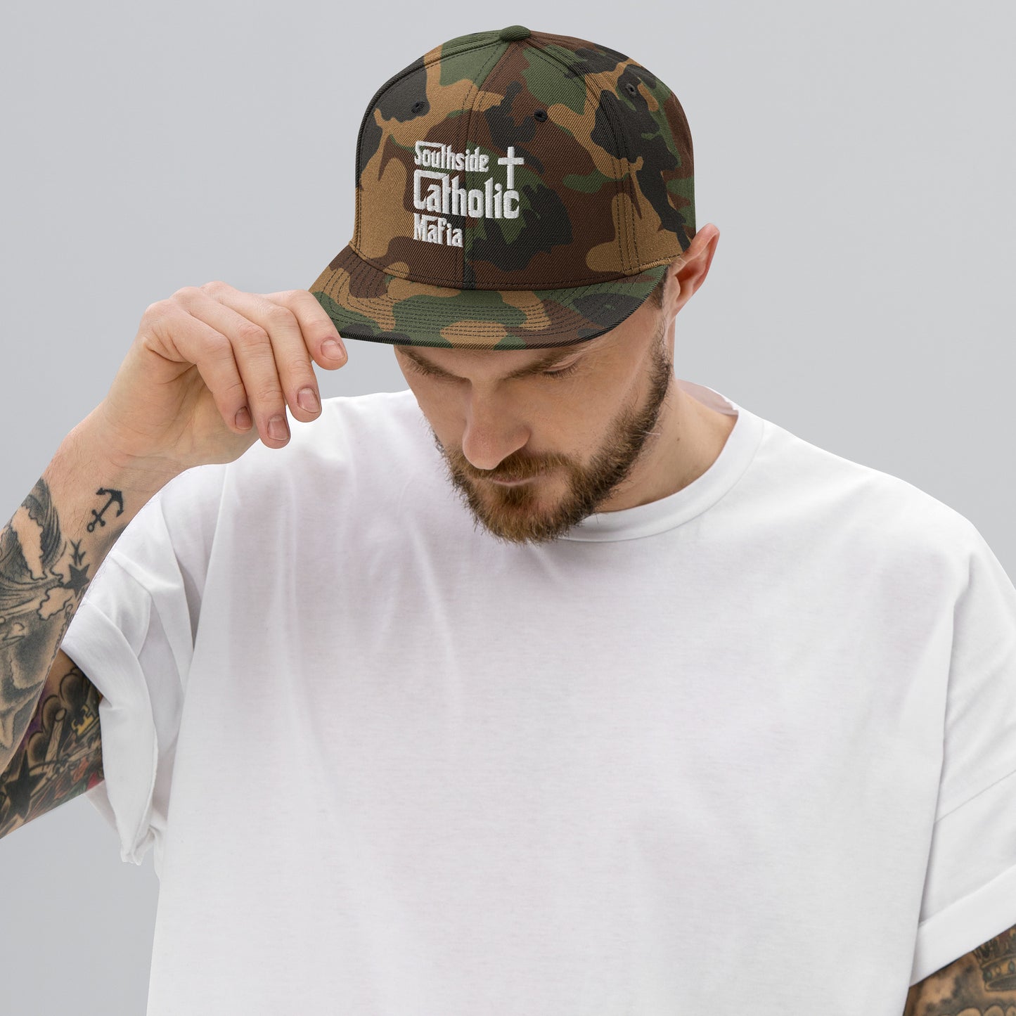 Snapback Hat: Southside Catholic Mafia (White Font) Click to explore more colors.