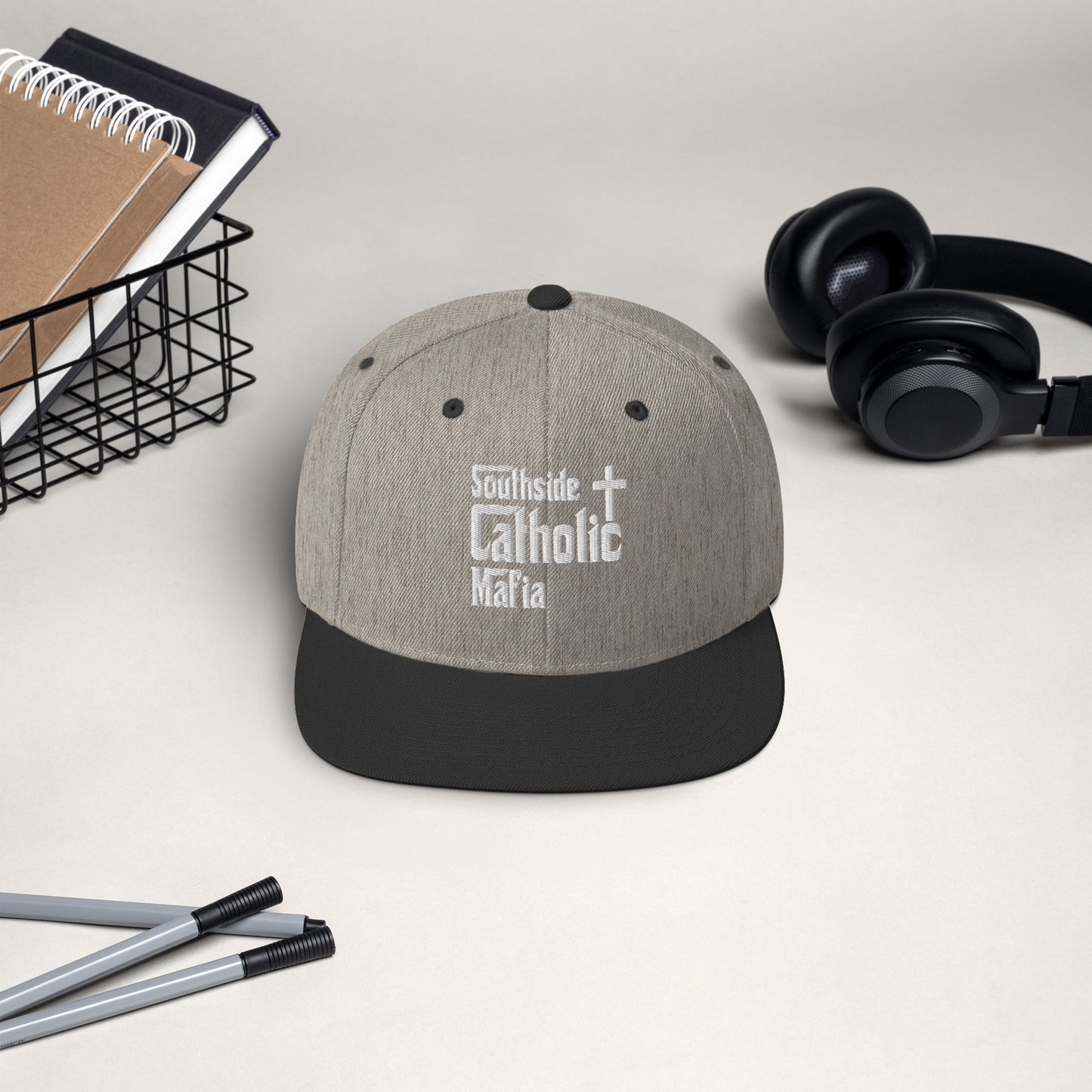 Snapback Hat: Southside Catholic Mafia (White Font) Click to explore more colors.