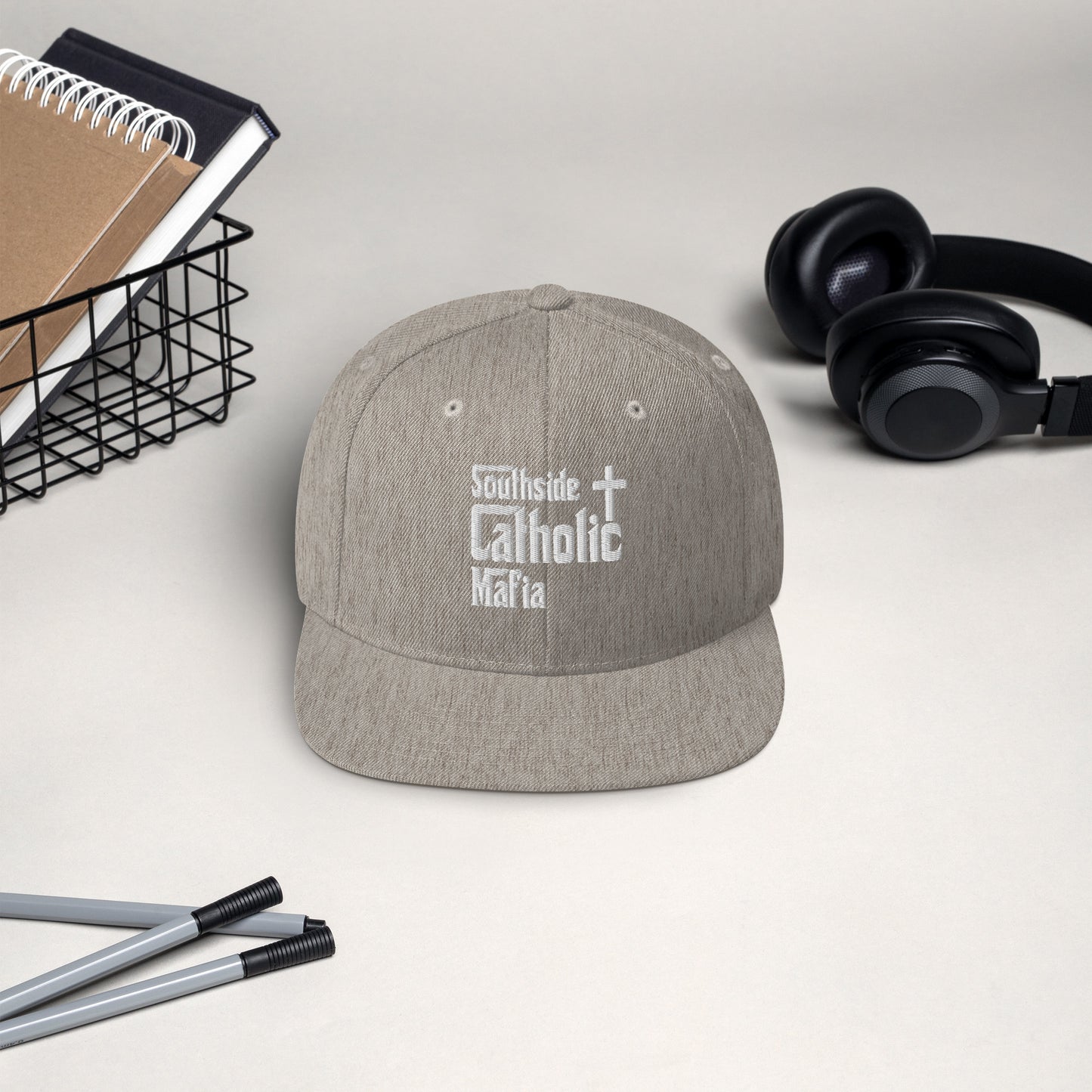 Snapback Hat: Southside Catholic Mafia (White Font) Click to explore more colors.