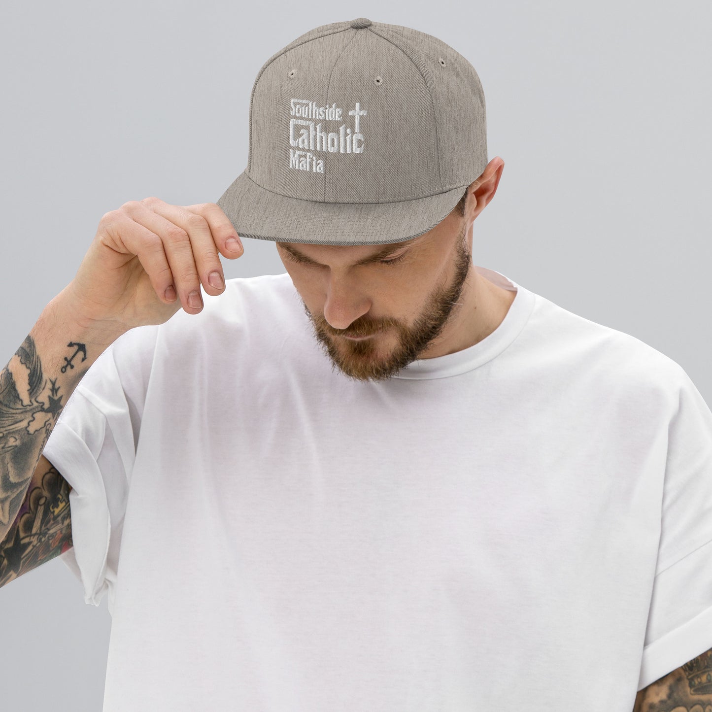Snapback Hat: Southside Catholic Mafia (White Font) Click to explore more colors.