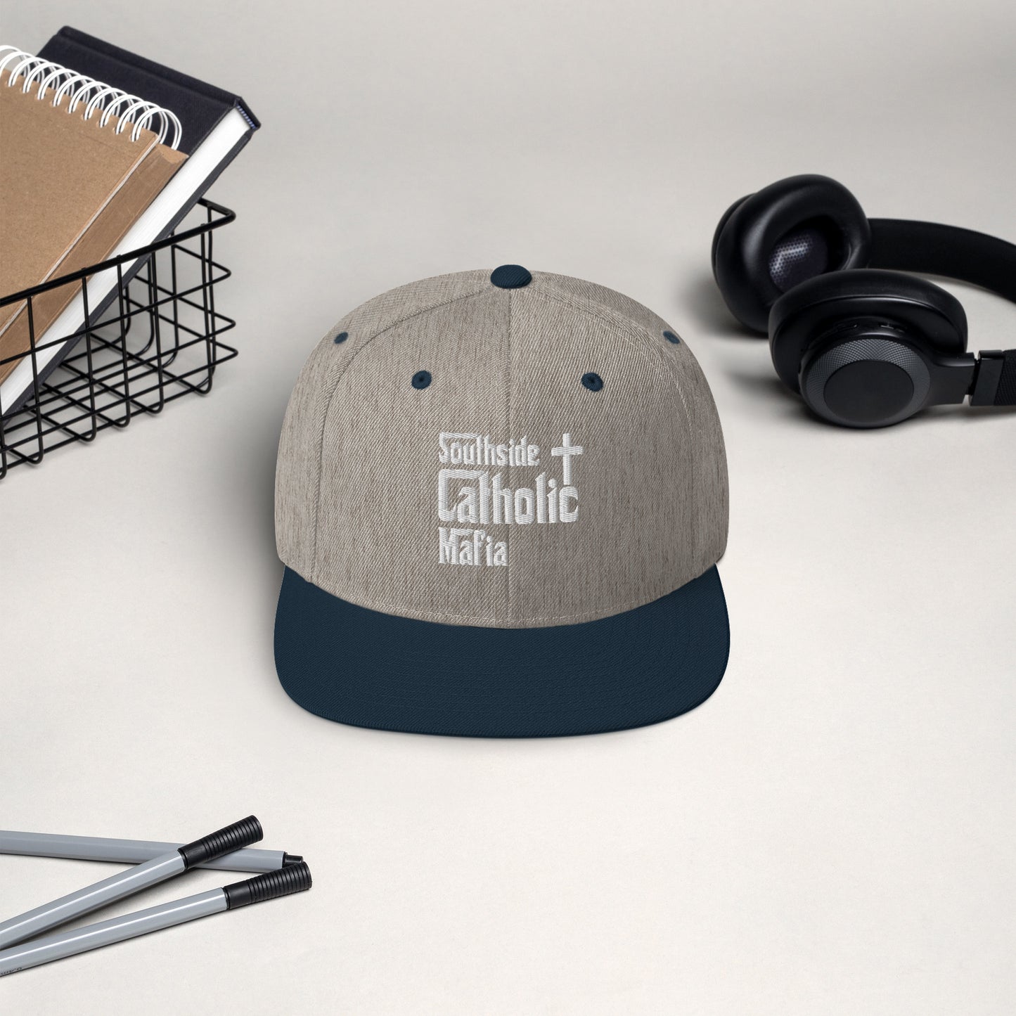 Snapback Hat: Southside Catholic Mafia (White Font) Click to explore more colors.