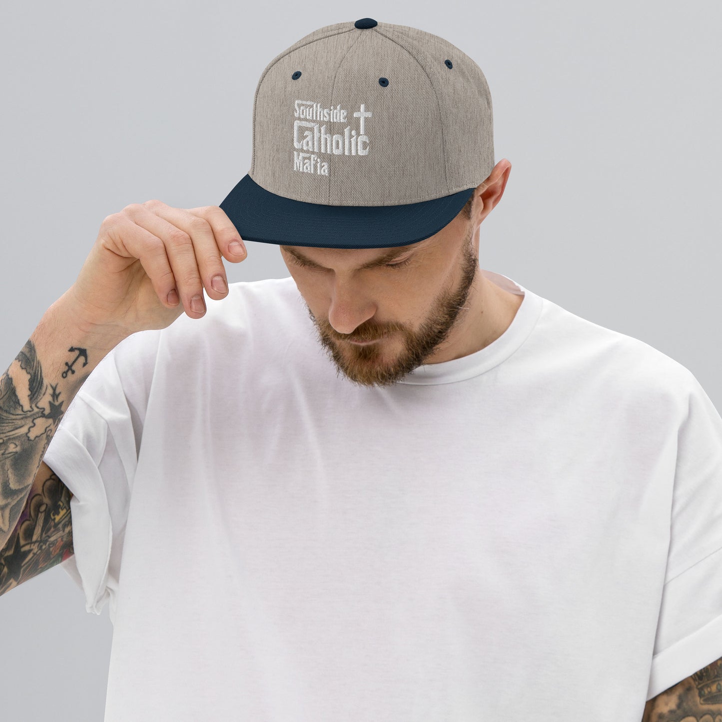 Snapback Hat: Southside Catholic Mafia (White Font) Click to explore more colors.