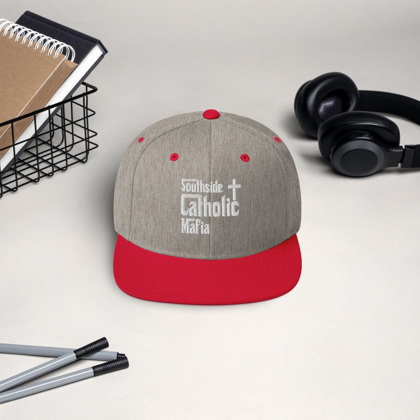 Snapback Hat: Southside Catholic Mafia (White Font) Click to explore more colors.