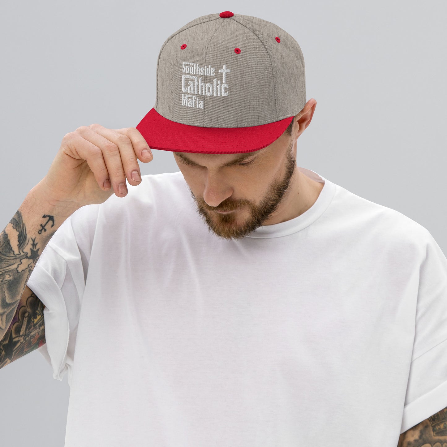 Snapback Hat: Southside Catholic Mafia (White Font) Click to explore more colors.
