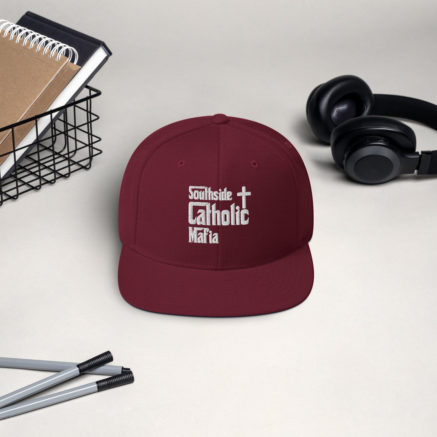 Snapback Hat: Southside Catholic Mafia (White Font) Click to explore more colors.