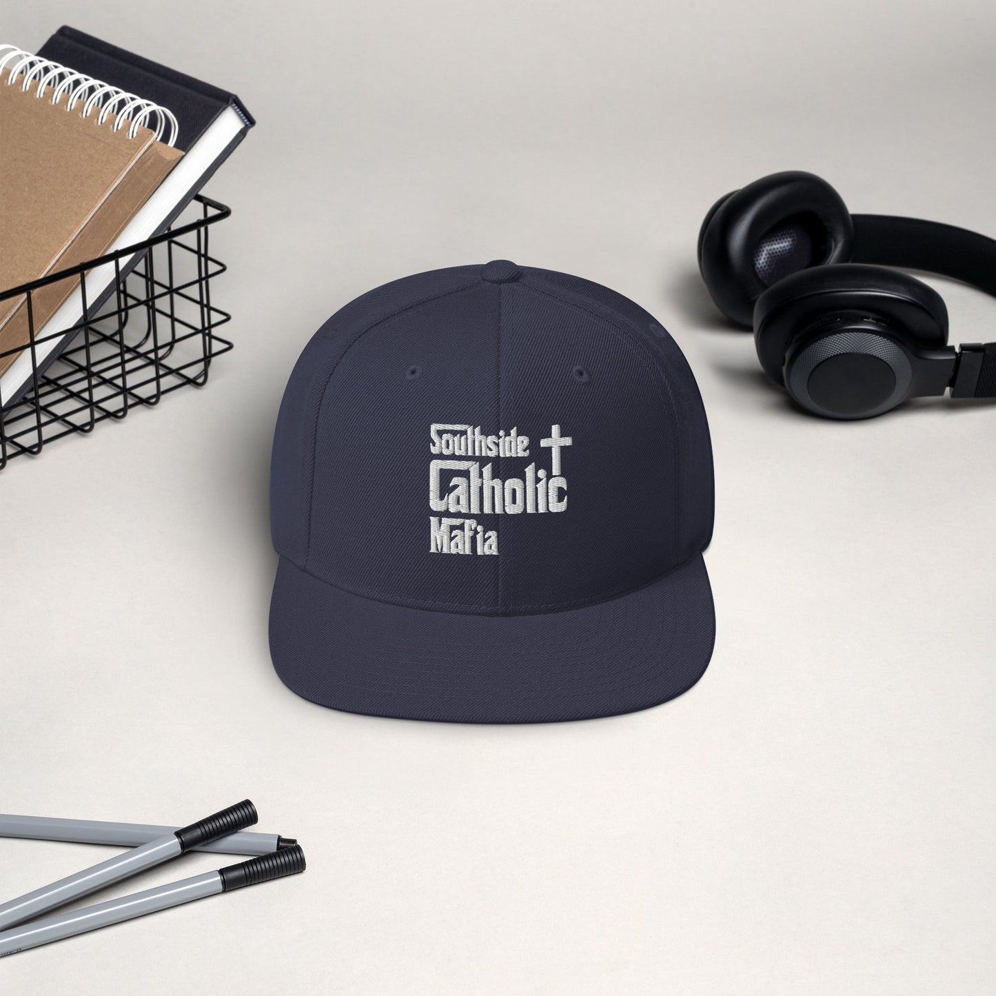 Snapback Hat: Southside Catholic Mafia (White Font) Click to explore more colors.