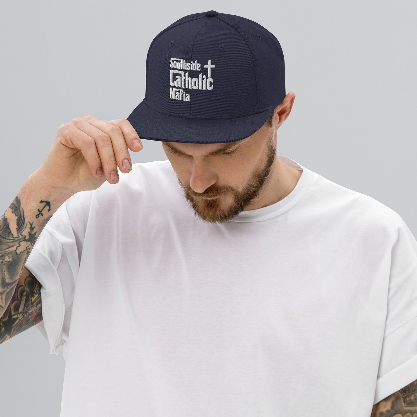 Snapback Hat: Southside Catholic Mafia (White Font) Click to explore more colors.