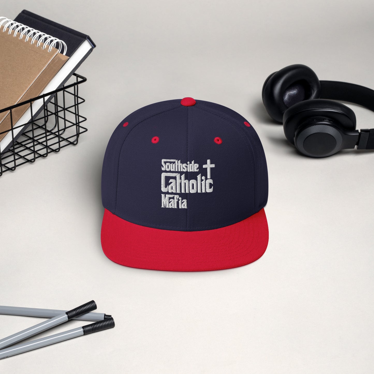 Snapback Hat: Southside Catholic Mafia (White Font) Click to explore more colors.