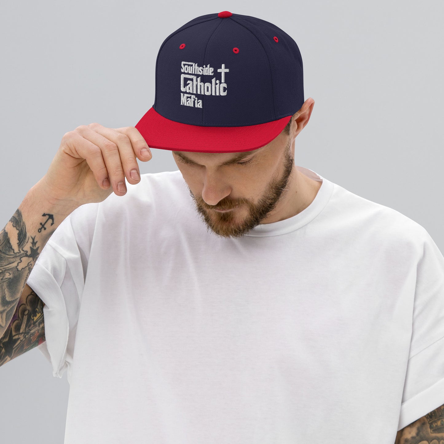 Snapback Hat: Southside Catholic Mafia (White Font) Click to explore more colors.