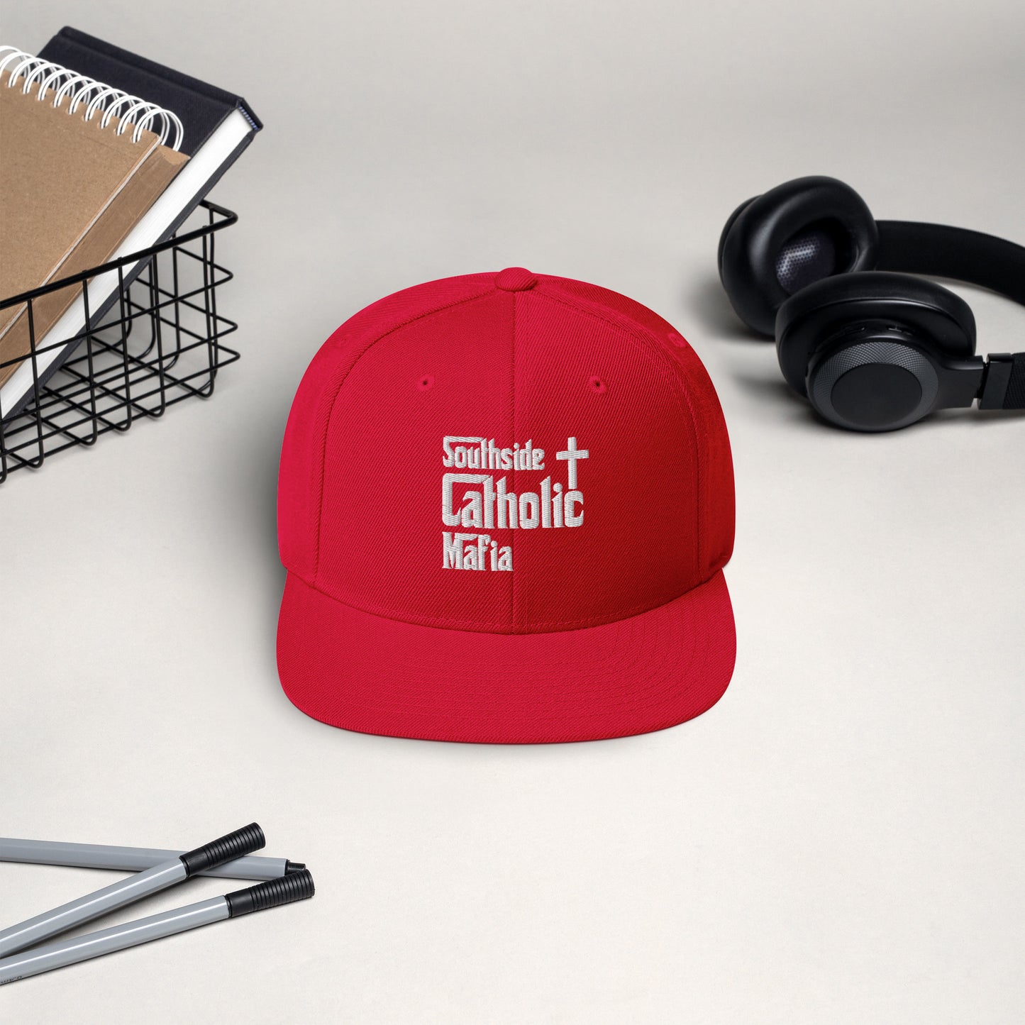 Snapback Hat: Southside Catholic Mafia (White Font) Click to explore more colors.