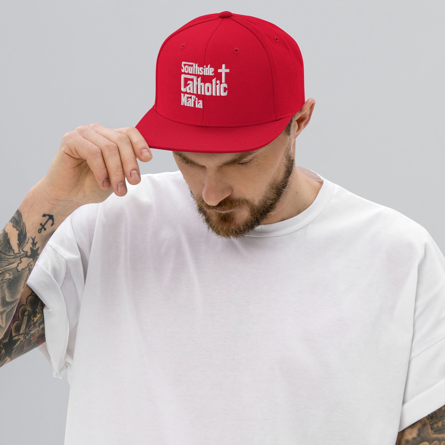 Snapback Hat: Southside Catholic Mafia (White Font) Click to explore more colors.