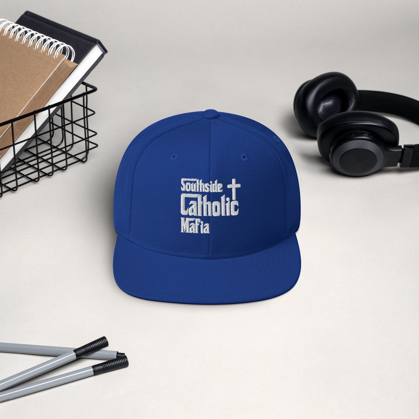 Snapback Hat: Southside Catholic Mafia (White Font) Click to explore more colors.