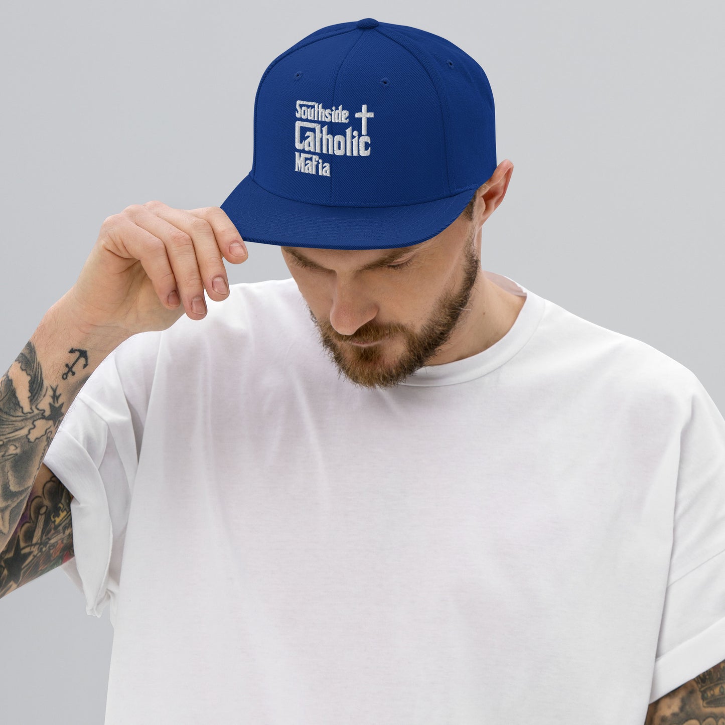 Snapback Hat: Southside Catholic Mafia (White Font) Click to explore more colors.