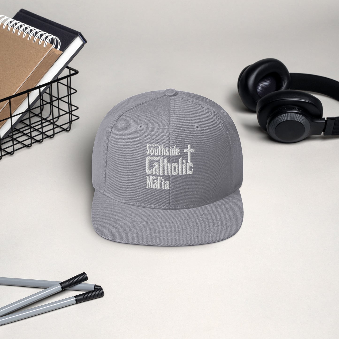 Snapback Hat: Southside Catholic Mafia (White Font) Click to explore more colors.