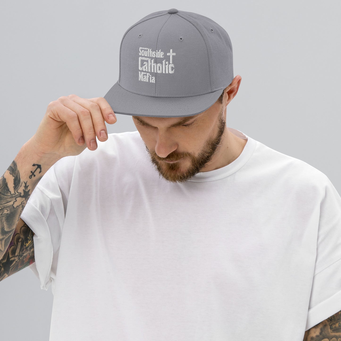 Snapback Hat: Southside Catholic Mafia (White Font) Click to explore more colors.