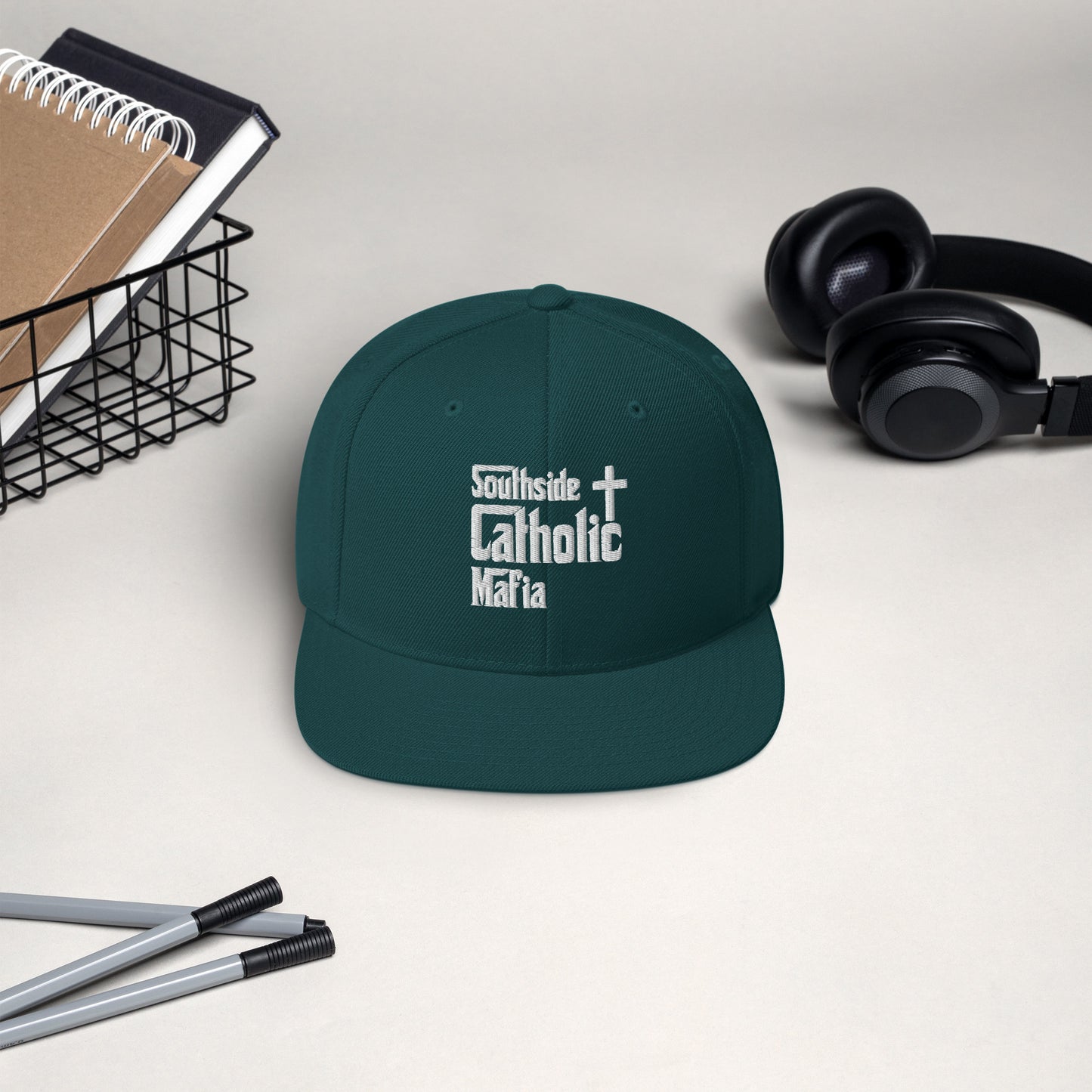 Snapback Hat: Southside Catholic Mafia (White Font) Click to explore more colors.