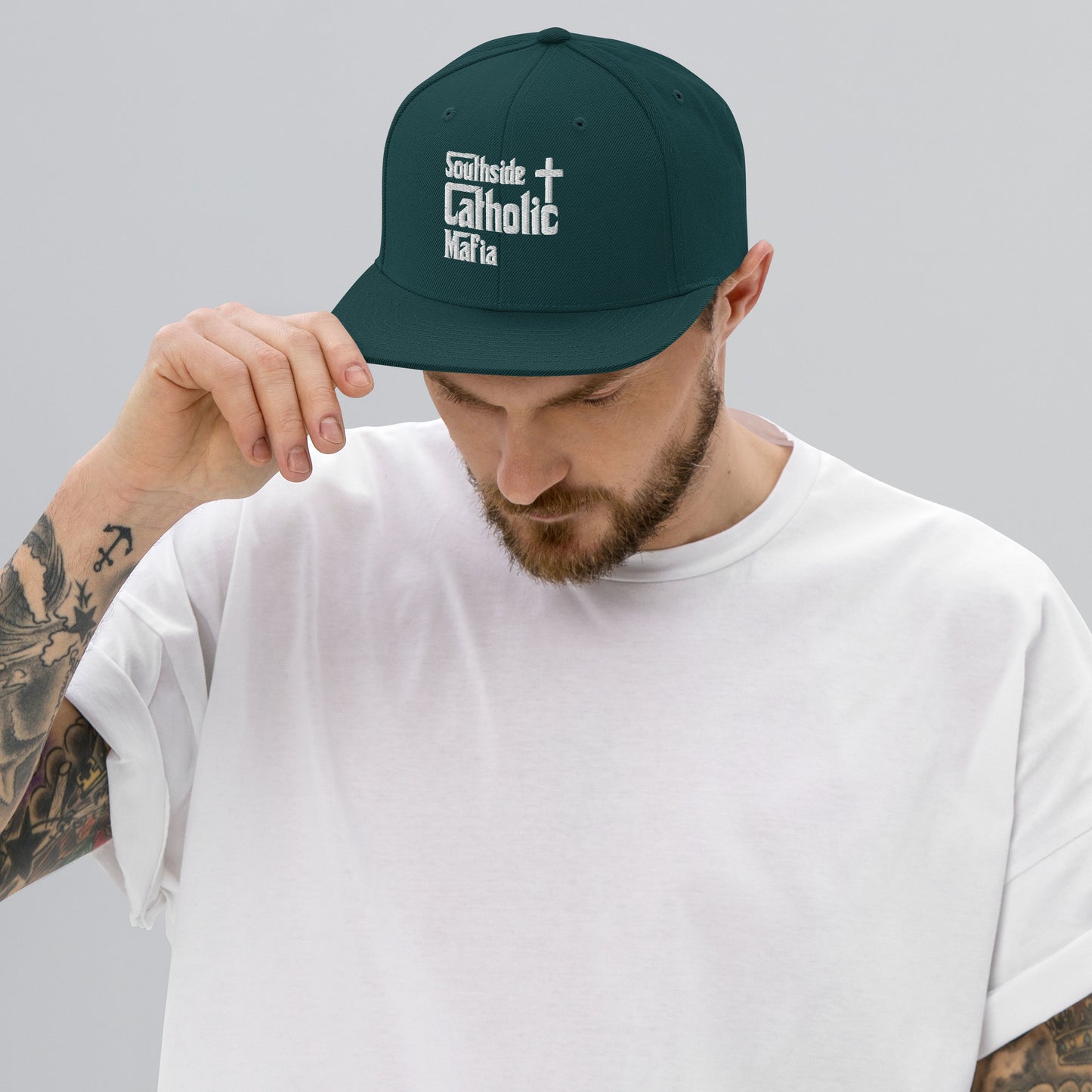Snapback Hat: Southside Catholic Mafia (White Font) Click to explore more colors.