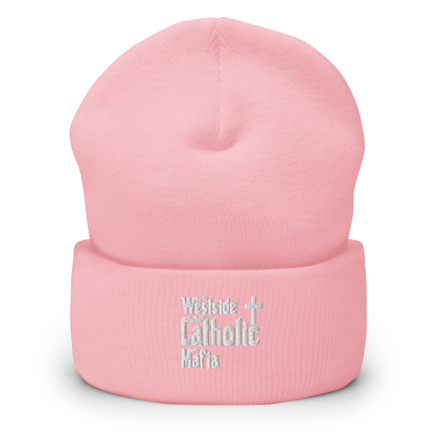 Cuffed Beanie: Westside Catholic Mafia (White Font) Click to explore more colors.