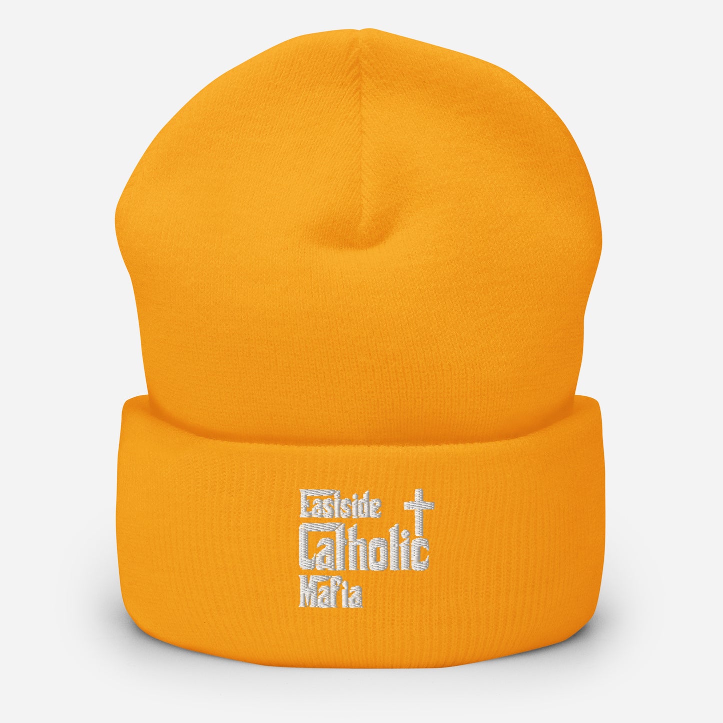 Cuffed Beanie: Eastside Catholic Mafia. (White Font) Click to explore more colors.