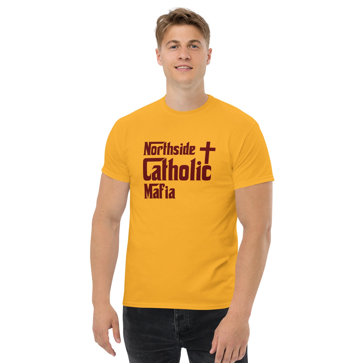 Men's classic tee: Northside Catholic Mafia (Maroon Font) Click to explore more colors.