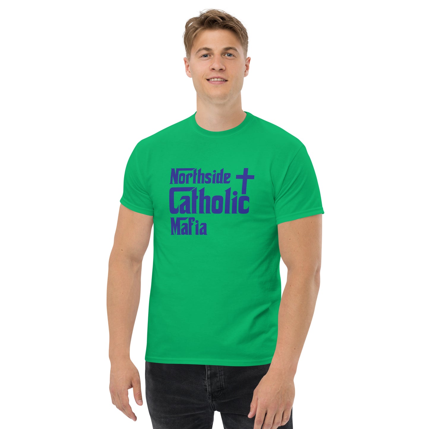Men's classic tee: Northside Catholic Mafia (Blue Font) Click to explore more colors.