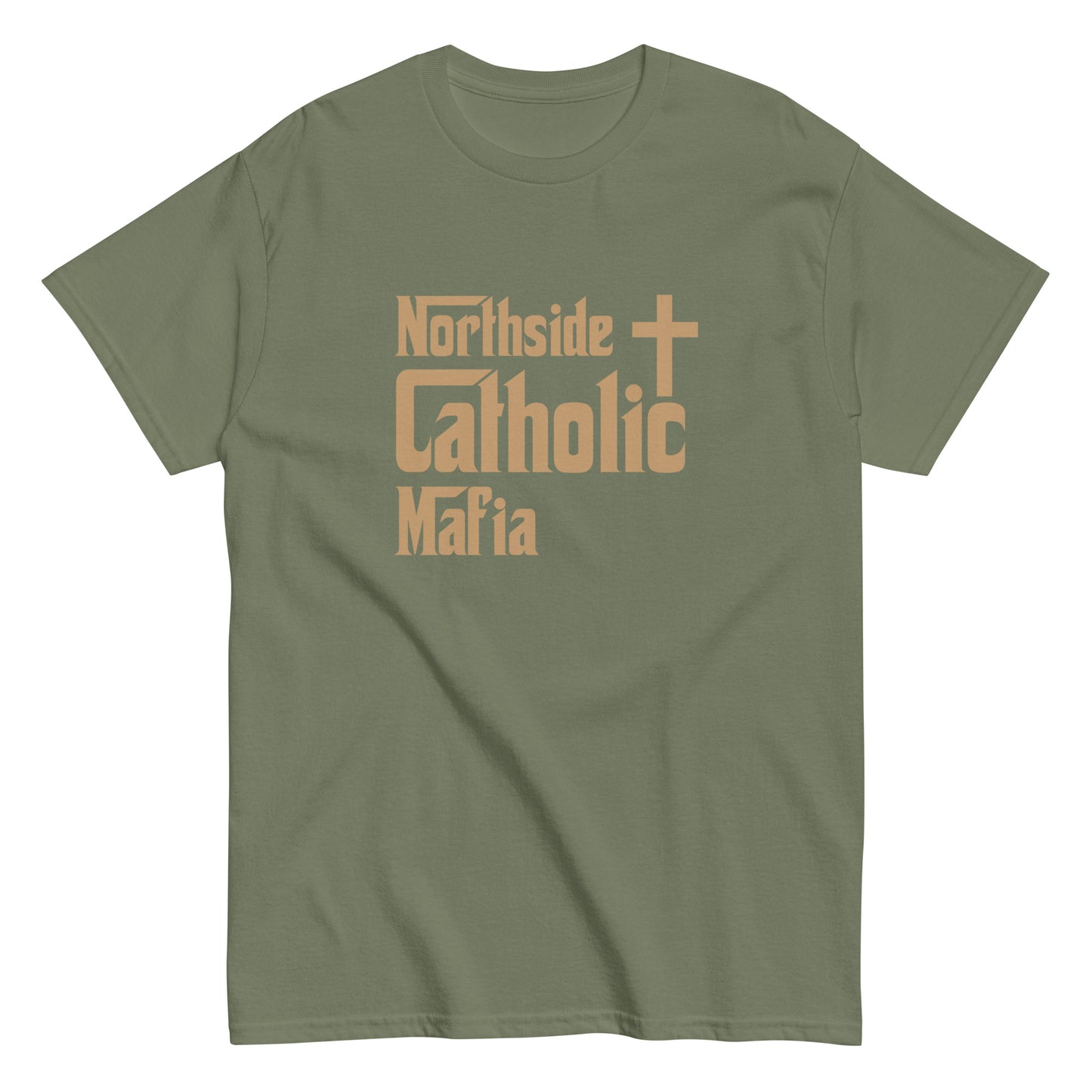 Men's classic tee: Northside Catholic Mafia (Tan Font) Click to explore more colors.
