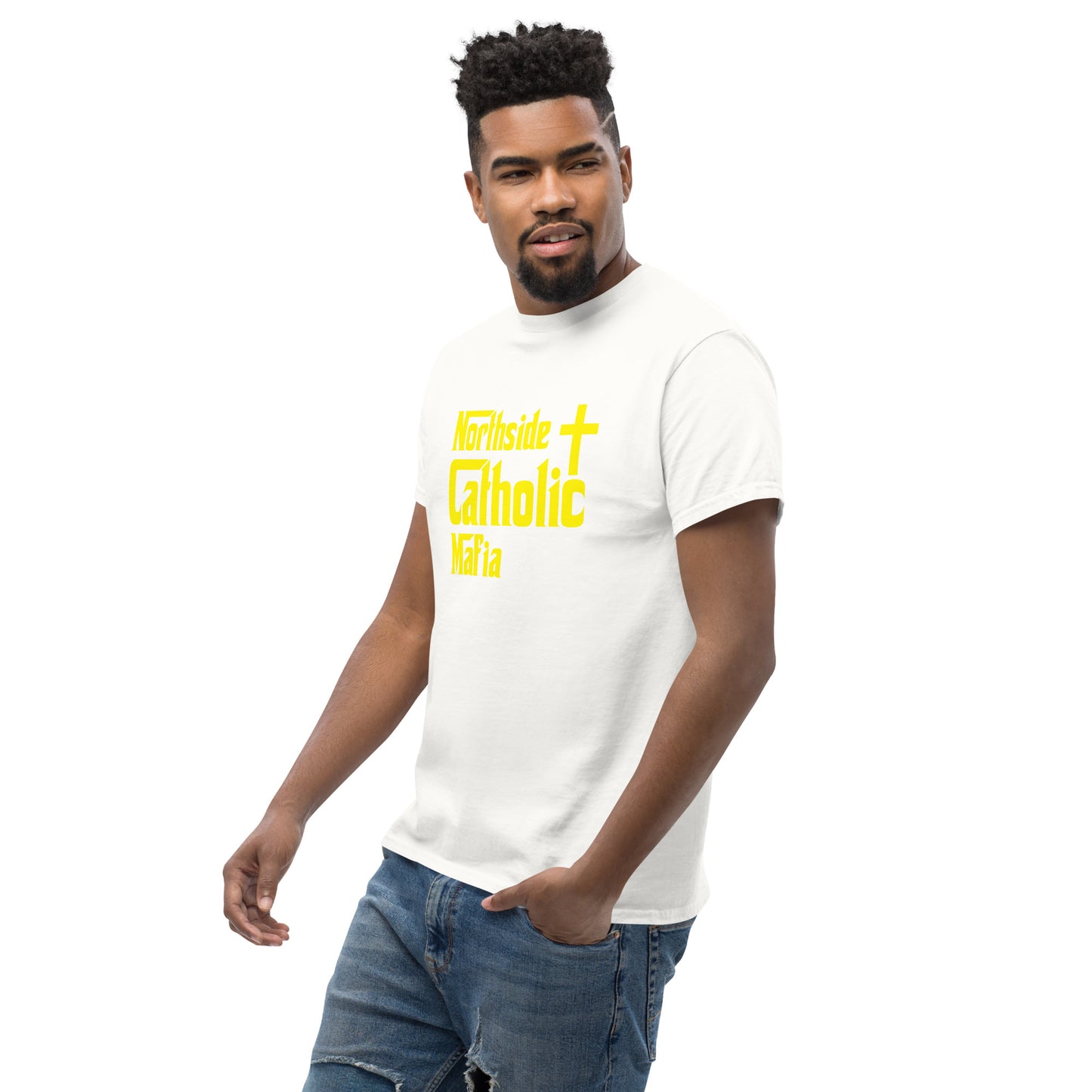 Men's classic tee: Northside Catholic Mafia (Yellow Font) Click to explore more colors.