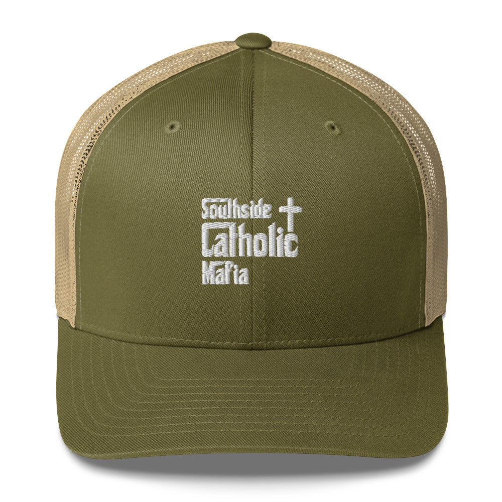 Trucker Cap: Southside Catholic Mafia (White Font) Click to explore more colors.