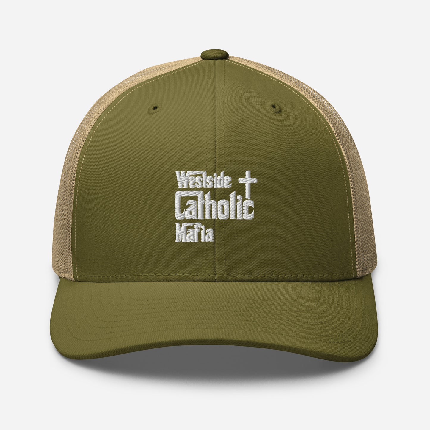 Trucker Cap: Westside Catholic Mafia (White Font) Click to explore more colors.
