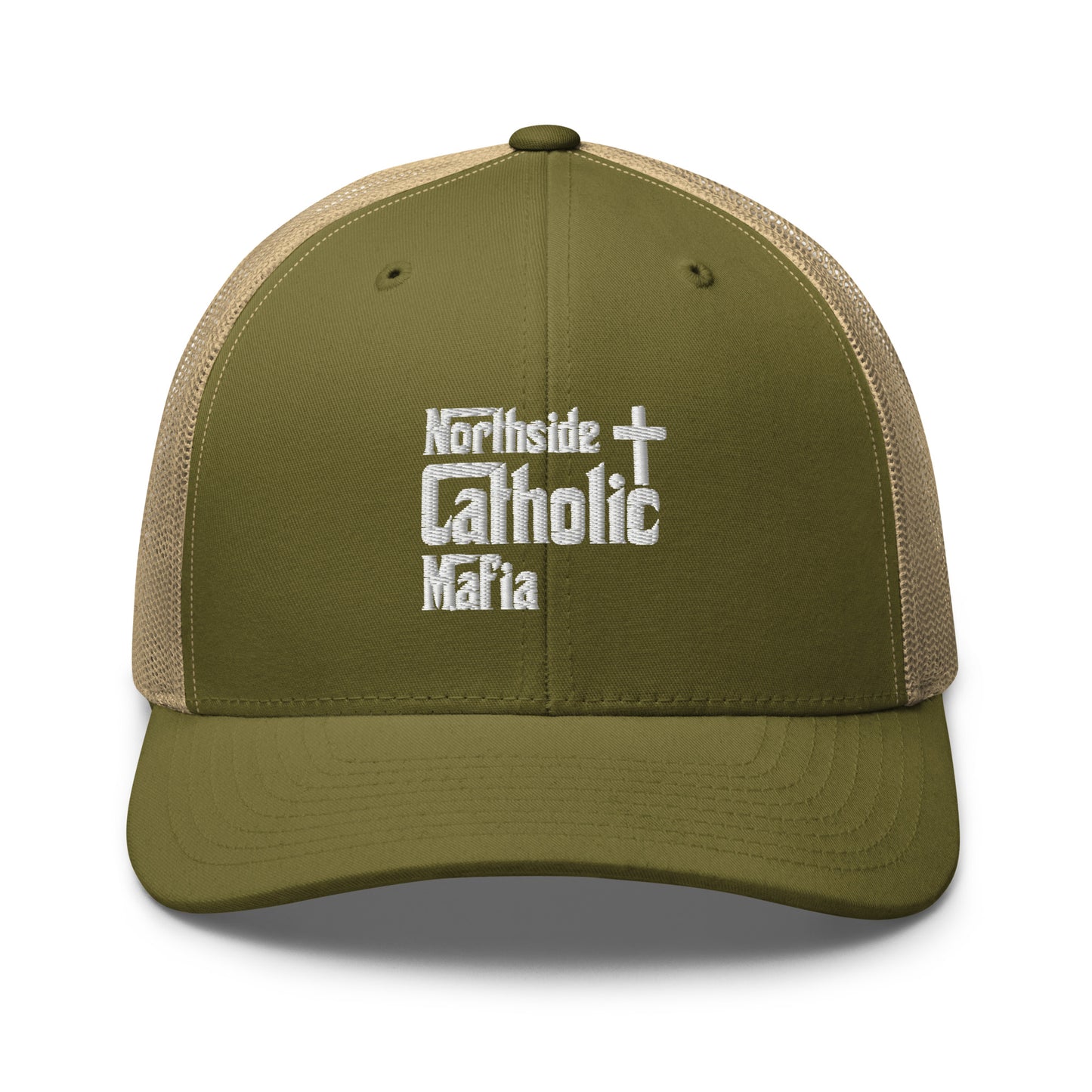 Trucker Cap: Northside Catholic Mafia (White Font) Click to explore more colors.