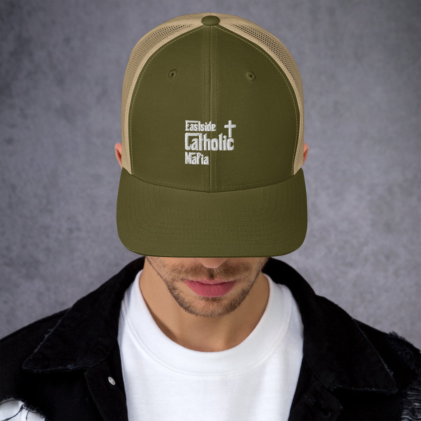 Trucker Cap: Eastside Catholic Mafia (White Font) Click to explore more colors.