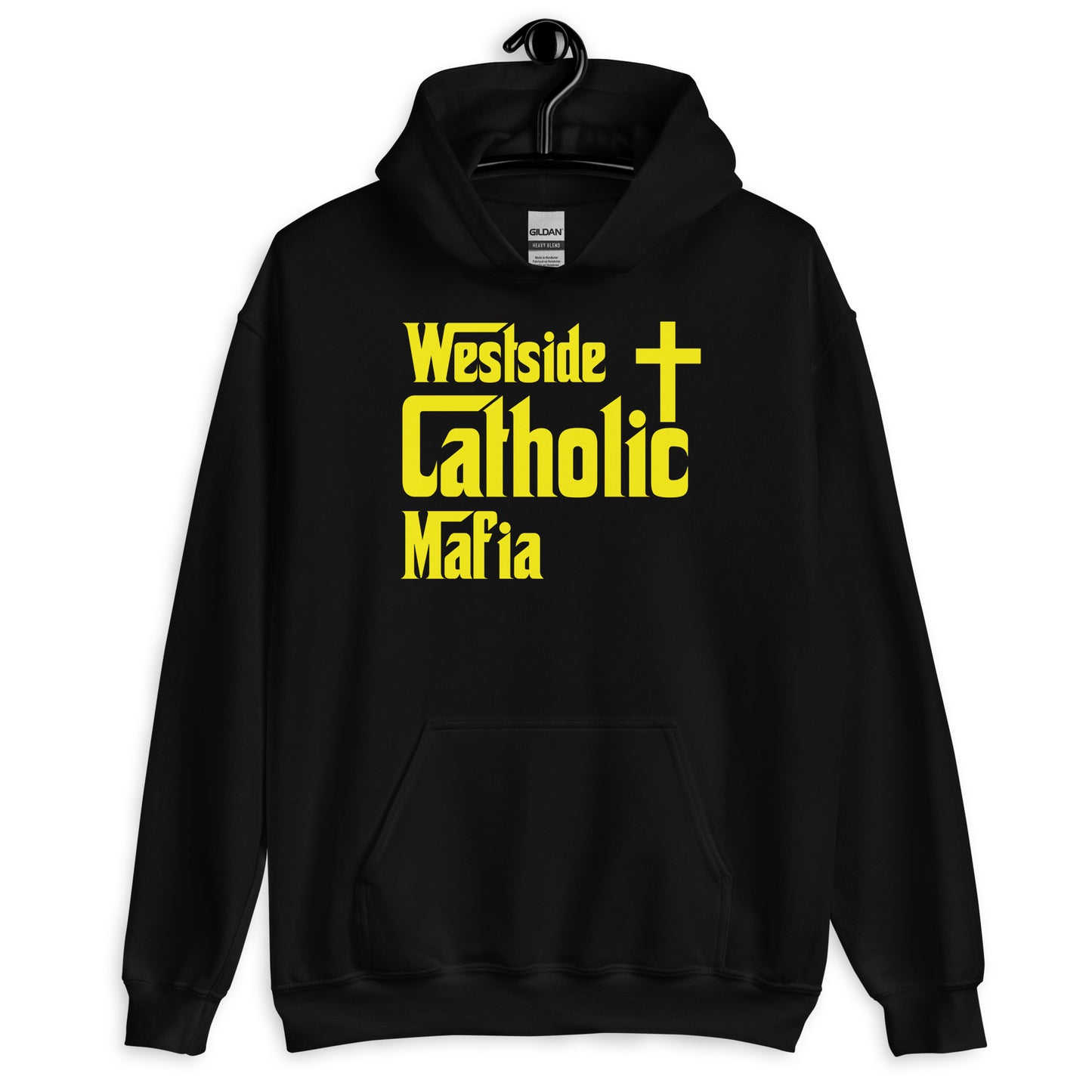 Unisex Hoodie: Westside Catholic Mafia (Yellow Font) Click to explore more colors.