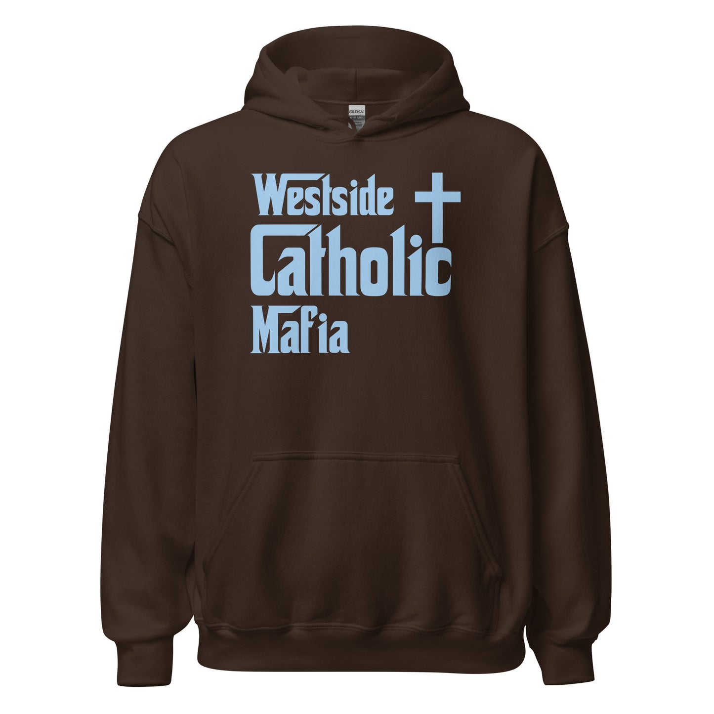 Unisex Hoodie: Westside Catholic Mafia (Baby Blue Font) Click to explore more colors.