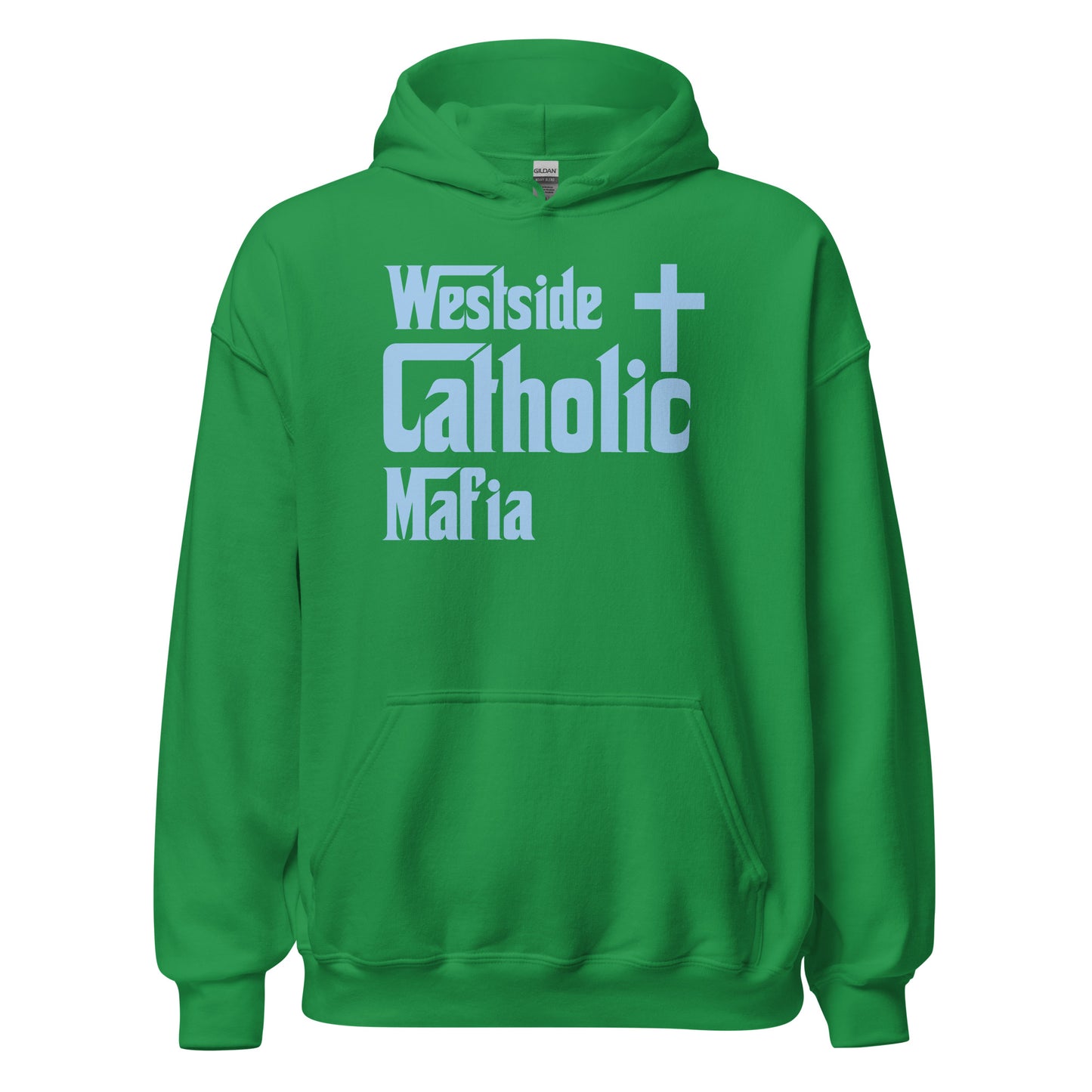 Unisex Hoodie: Westside Catholic Mafia (Baby Blue Font) Click to explore more colors.