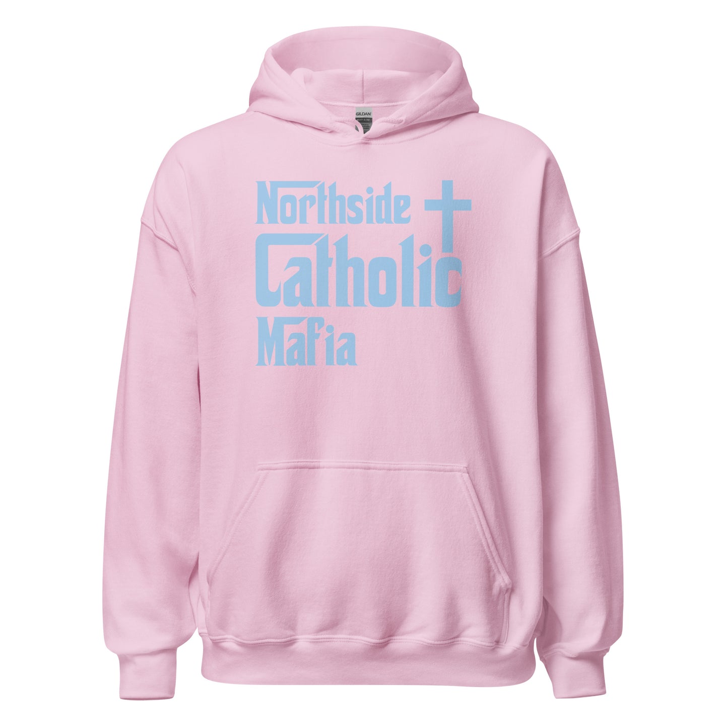 Unisex Hoodie: Northside Catholic Mafia (Baby Blue Font) Click to explore more colors.