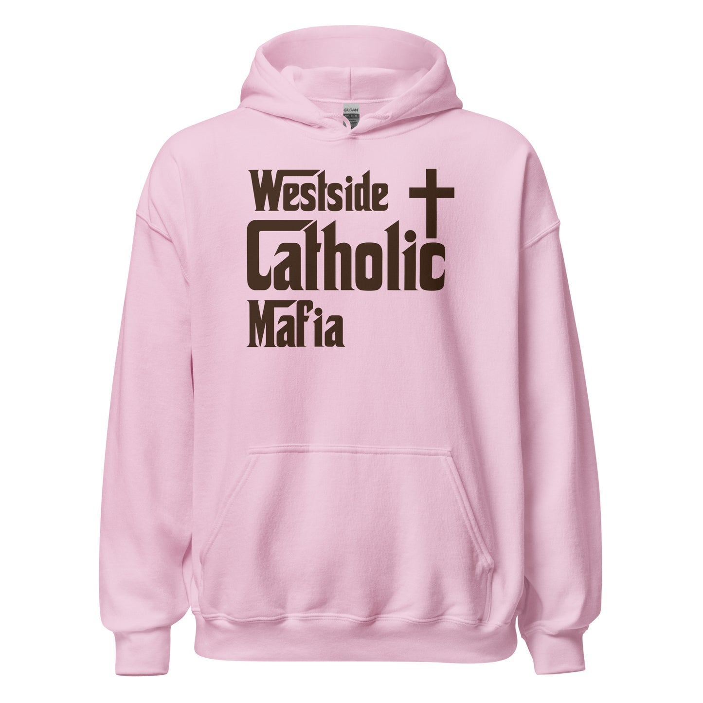 Unisex Hoodie: Westside Catholic Mafia (Brown Font) Click to explore more colors.