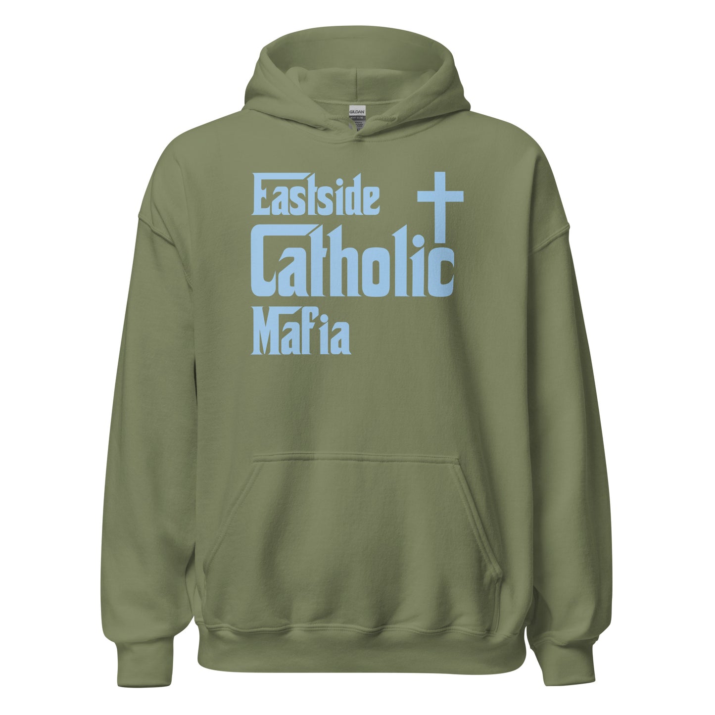 Unisex Hoodie: Eastside Catholic Mafia (Baby Blue Font) Click to explore more colors.