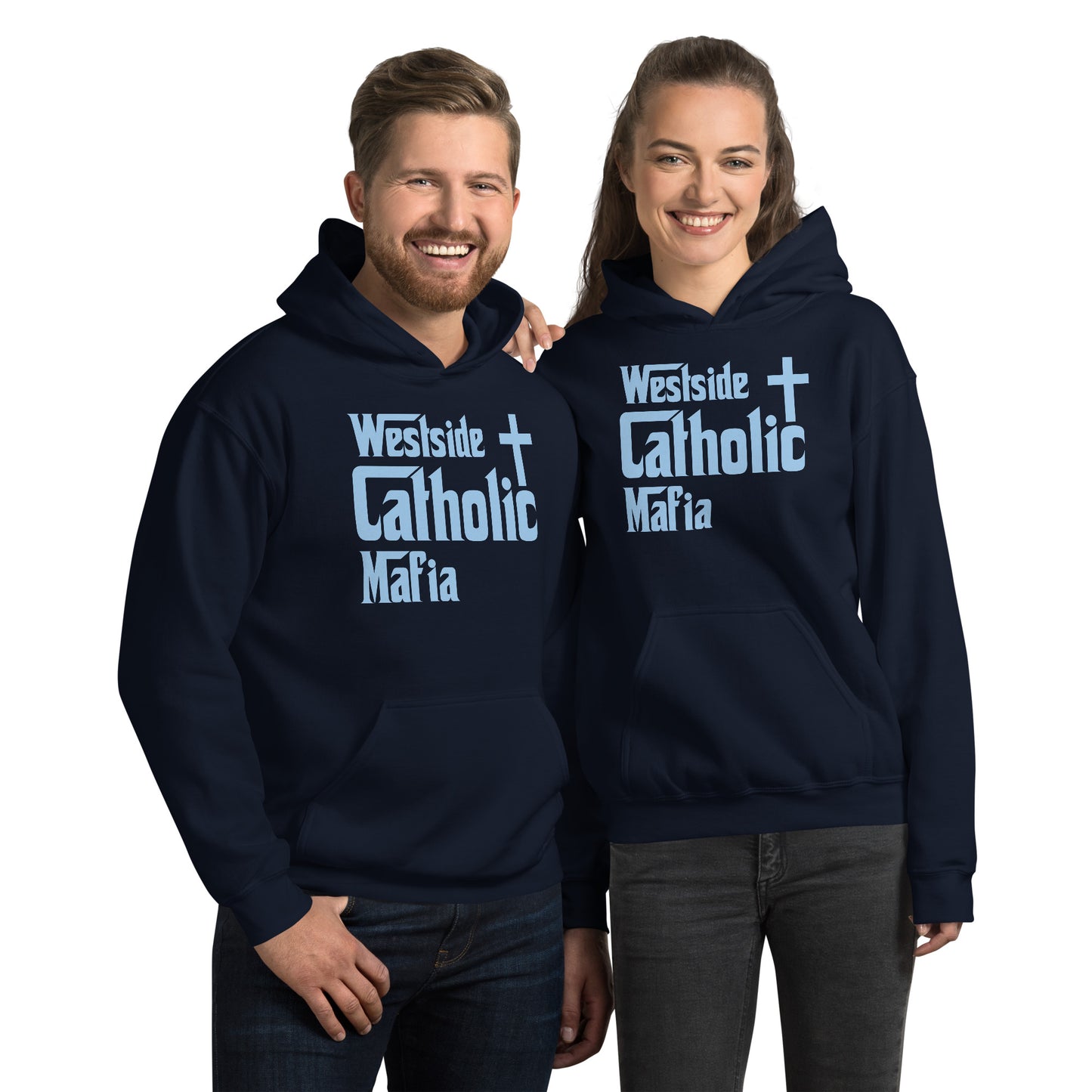 Unisex Hoodie: Westside Catholic Mafia (Baby Blue Font) Click to explore more colors.